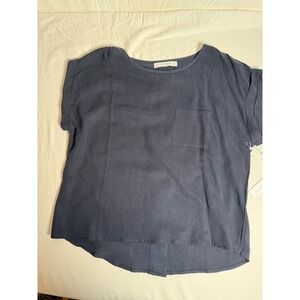 Six Fifty Womens Navy Blue Button Back Short Sleeve Pocket Blouse Top Small NWT